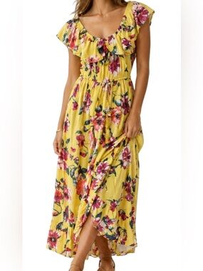 Band of Gypsies Yellow Floral High-Low Dress with a mix of Pink Blooms